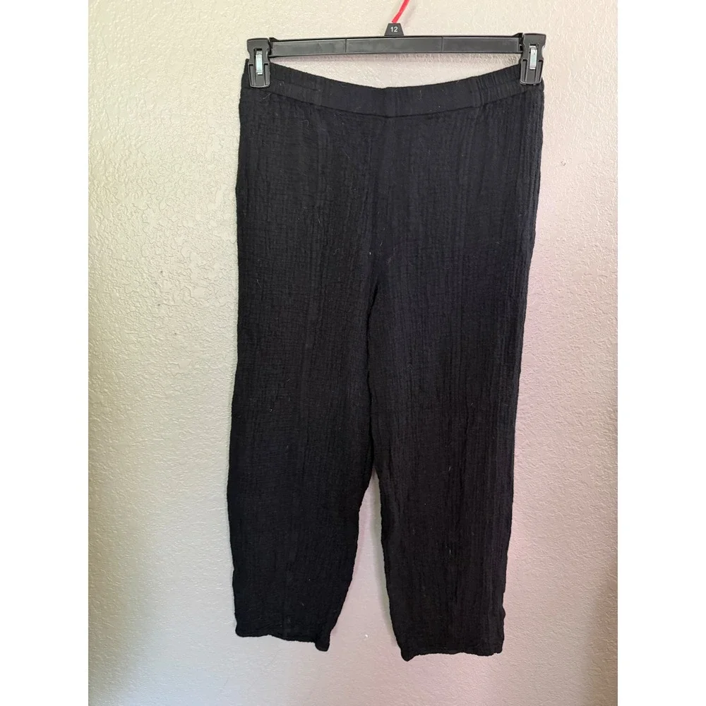 Grizas Black Textured Viscose Wool Blend Elastic Waist Pants L Lagenlook Gauzy